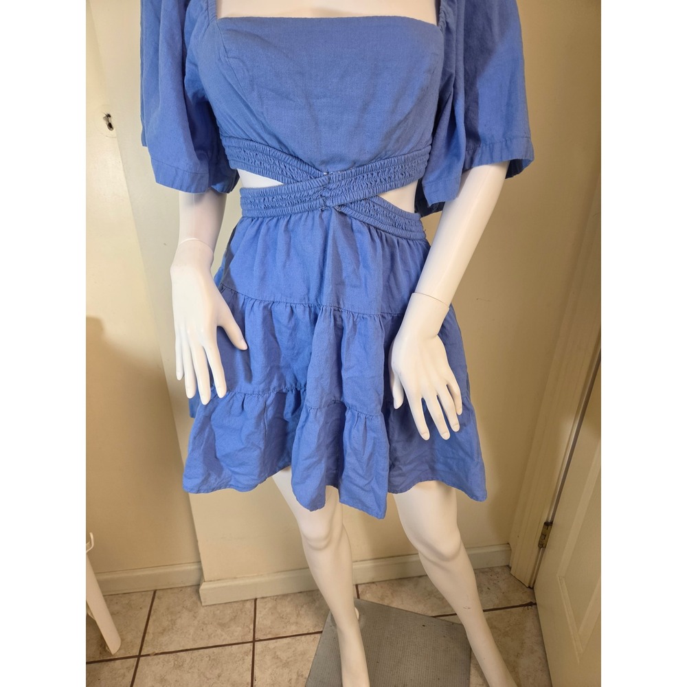 Free People Blue Cotton Linen Cut Out Open Back Tiered Mini Dress XS